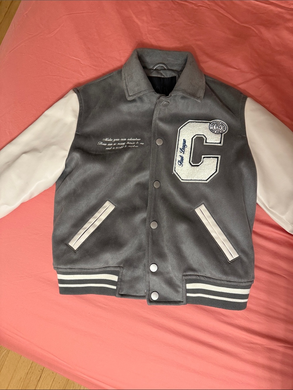 Zara Grey and White Varsity Jacket with C Patch